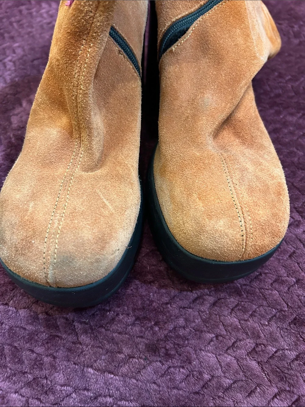 Halloween - Vintage Orange Suede Platform Ankle Boots with Pink Flower Accent